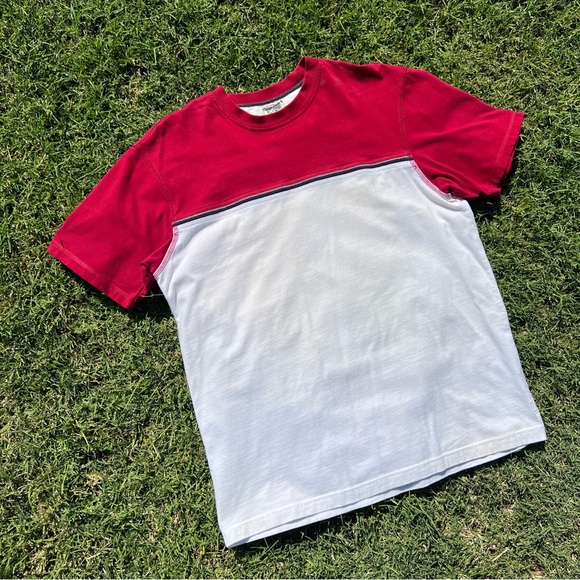 Mens y2k vintage crimson red white stripe color block surf dad normcore t-shirt - Picture 3 of 4